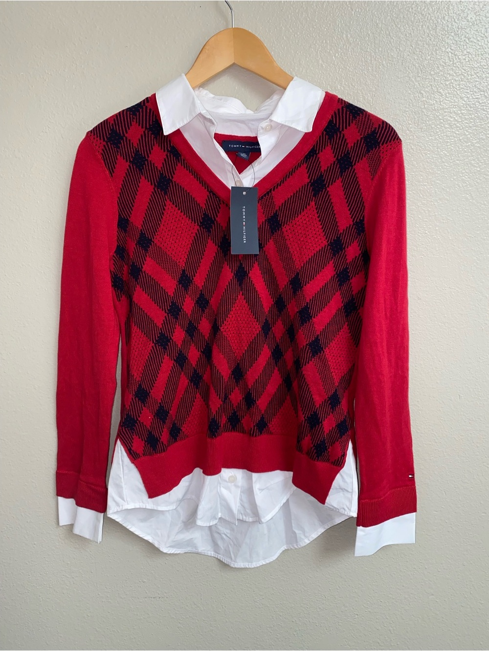 NWT Tommy Hilfiger Plaid Layered 2-in-1 V-Neck Sweater Shirt Combo Size XS